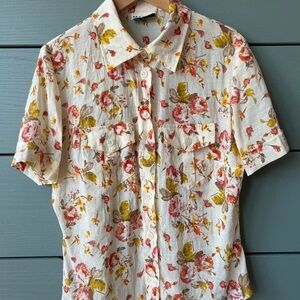 Max Studio Floral Button Down Shirt - Cream, Red, Green